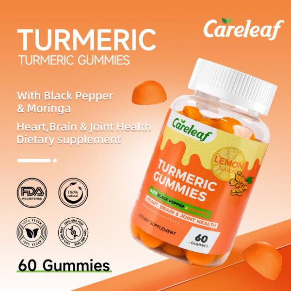 Gummies Kunyit, Careleaf, Dengan Lada Hitam dan Moringa, Vegan, Halal, Bukan GMO, Bebas Gluten, 60 Gummies / Botol, Menyokong Kesihatan Jantung, Otak dan Sendi, Makanan Tambahan Diet