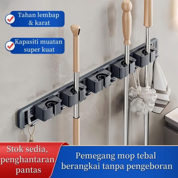[MY Stock] Aluminum Bathroom Mop Holder with hook Wall Mounted Self Adhesive