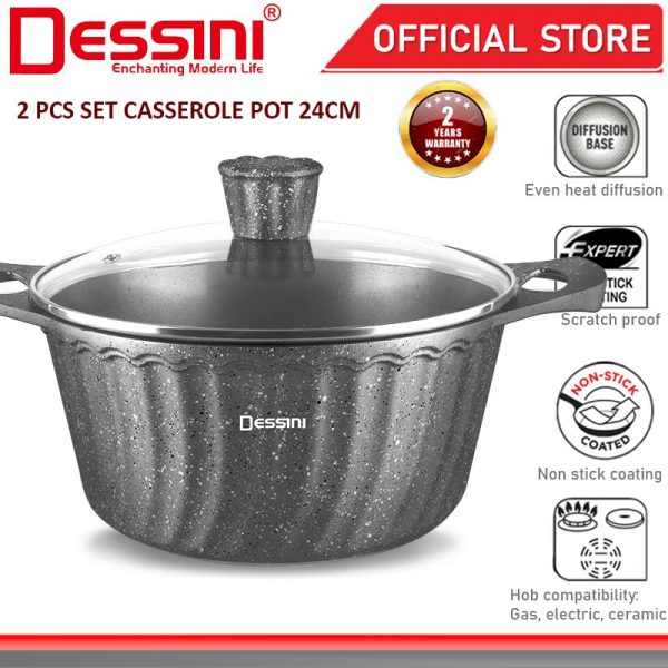 DESSINI ITALY iLT-24 Granite Die Cast Aluminium Non Stick Casserole Pot Bowl Deep Fry Pan Cookware Tool PERIUK (24cm)