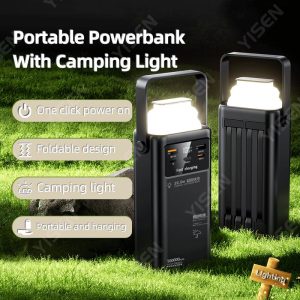Yisen 100000mAh 60000mah Large Capacity Power Bank Super Fast Charging Outdoor Portable With Camping Light Built in 4 Cables