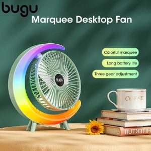 bugu Colorful Light Portable Desktop Fan USB Rechargeable 180 Degree 3-Speed ​​Strong Wind Rainbow Long-lasting Desk Fan