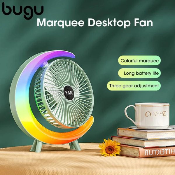 bugu Colorful Light Portable Desktop Fan USB Rechargeable 180 Degree 3-Speed ​​Strong Wind Rainbow Long-lasting Desk Fan