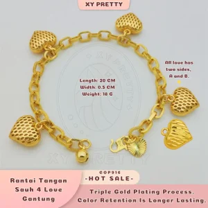 Rantai Tangan Sauh 4 Love Gantung COP916 - Panjang: 20CM Lebar: 0.5CM Berat: 18G - Saiz Boleh DIY - Aksesori bersalut emas - Tahan Lama - Hipoalergenik - XYPRETTY