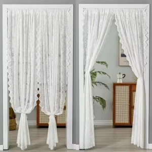 Renda Magic Tape Beaded Lace Curtain, No-Drill Pastoral Window Curtain, Lace Window Curtain Door Curtain Living Room Drapes Sperate Curtains Home Decor Soft Tirai