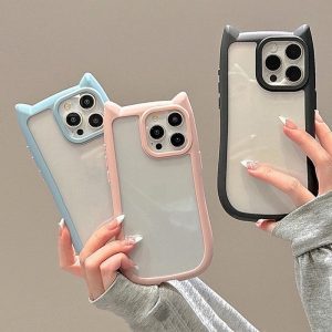 Local seller Cat Ears Liquid Edge Phone Case For iPhone 15 14 13 12 11 Pro max Full Coverage Shockproof Protect Acrylic Protection