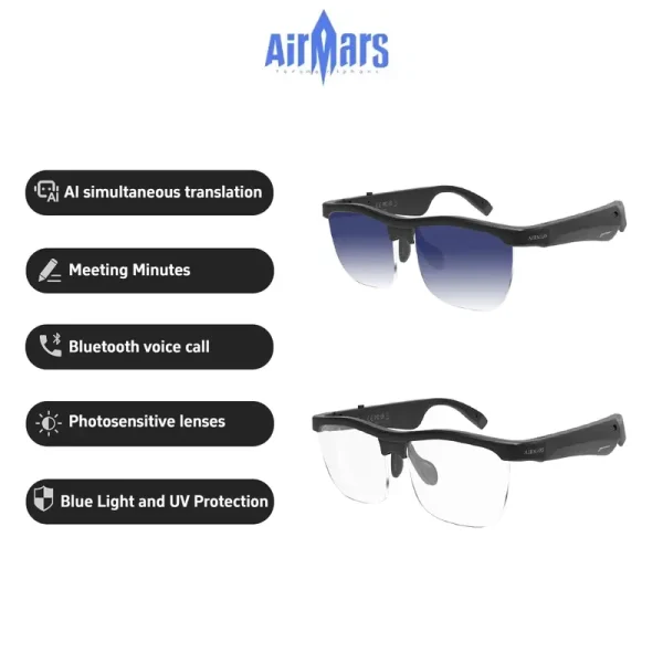 Cermin Mata Photochromic Pintar, Airmars MG10 plus, dengan AI Didayakan, Terjemahan Simultan, Perakam Mesyuarat, Alat Dengar Bluetooth AI Pengaliran Udara, Disambungkan ke Cermin Mata Hitam Photochromic Separuh Bingkai, Sesuai untuk Android dan IOS
