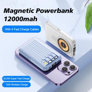 12000mAh Magnetic Power Bank PD20W 66W Fast Charging With Folding Stand 4 Cables Led Display 15W Wireless Charging For iPhone Huawei Alloy Battery Digital Portable