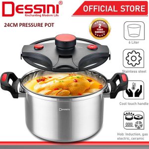 DESSINI ITALY 6L Non-stick Stainless Steel Induction Pressure Cooker Secure Lock Casserole Pot Bowl Periuk Tekanan