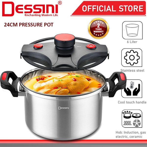 DESSINI ITALY 6L Non-stick Stainless Steel Induction Pressure Cooker Secure Lock Casserole Pot Bowl Periuk Tekanan