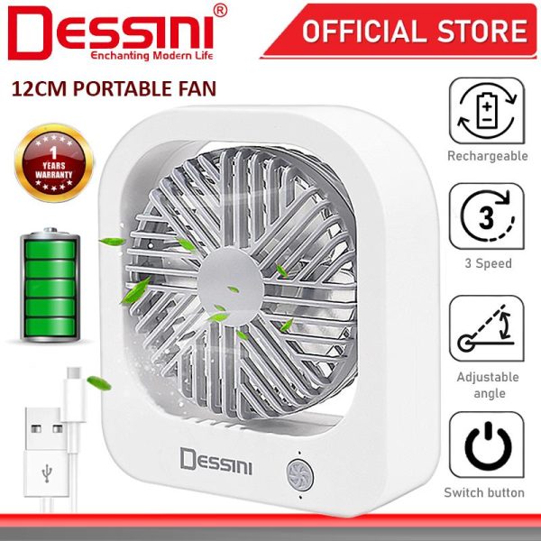 DESSINI ITALY 3 Speed USB Rechargeable Stand Table Desk Fan Air Ventilator Conditioner Cooler Humidifier Kipas