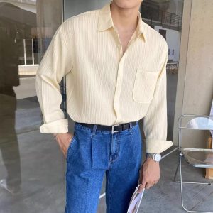 Kemeja Serbaguna Mudah, Untuk Lelaki, Rekaan Retro, dengan Lipatan Sastera dan Artistik, Gaya Kasual, Atasan Lengan Panjang, Tersedia dalam Warna Putih, Hitam, Hijau, Kuning, M-3XL, C228