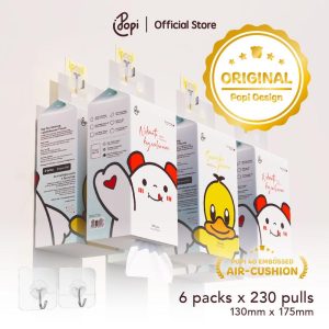 [6 pek ORIGINAL TISU ITIK POPI] Popi Tisu Gantung Viral 4 Lapisan 920 Helai, Saiz S Tisu Itik Air Cushion Tebal + FREE 2 HOOK (130mm x 175mm)