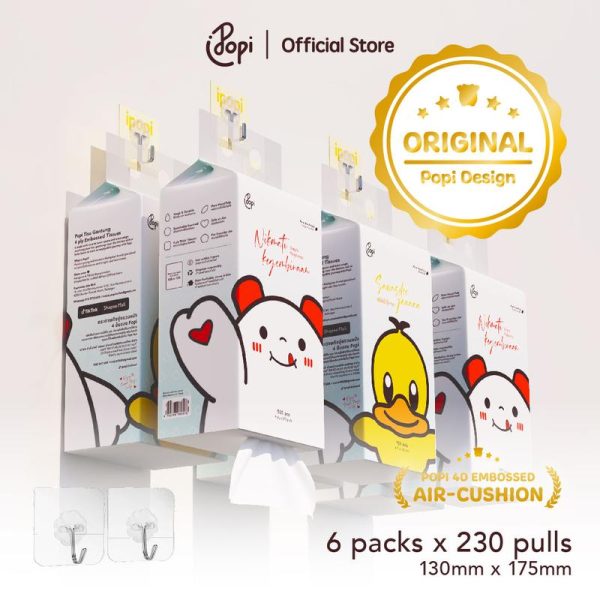 [6 pek ORIGINAL TISU ITIK POPI] Popi Tisu Gantung Viral 4 Lapisan 920 Helai, Saiz S Tisu Itik Air Cushion Tebal + FREE 2 HOOK (130mm x 175mm)