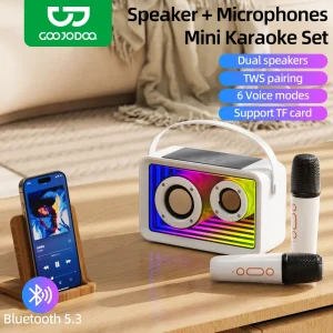 GOOJODOQ Portable Speaker + Microphones Mini Karaoke Set | 6 Voices Mode TWS Pairing Dual Speaker TF Card | Bluetooth 5.3 | Suitable for Camping Classroom House Family Gathering Meeting Wireless Audio