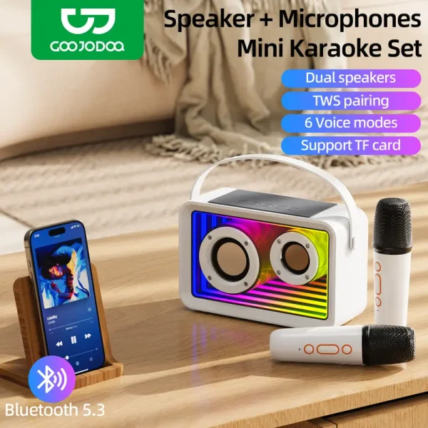 GOOJODOQ Portable Speaker + Microphones Mini Karaoke Set | 6 Voices Mode TWS Pairing Dual Speaker TF Card | Bluetooth 5.3 | Suitable for Camping Classroom House Family Gathering Meeting Wireless Audio