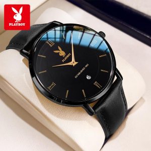PLAYBOY Jam Analog Tangan Lelaki Original Waterproof Watch Men Quartz Genuine Leather Business Luminous Fashion Men's Watches Gelap Tahan Karat Material logam+kulit dalam stok Warna berbilang Ada kotak Pejabat parti pemberian hadiah Garanti 1 tahun G2601