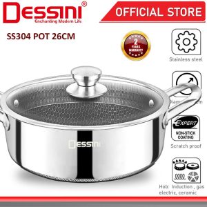 DESSINI ITALY 26CM Honeycomb SUS304 Stainless Steel Casserole Induction Non-stick Pot Bowl Pan Wok Cookware Kuali PERIUK