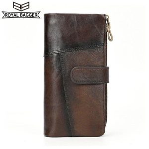 Dompet Panjang untuk Lelaki, Beg Klac Kulit Lembu Tulen, Beg Tangan, Reka Bentuk Retro, Dompet Zip Tiga Lipat, Gaya 1388, Royal Bagger