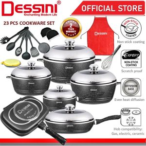 DESSINI ITALY Granite Aluminium Non Stick Casserole Pot Bowl Double Sided Grill Fry Pan Cookware Tool (23 Pcs)
