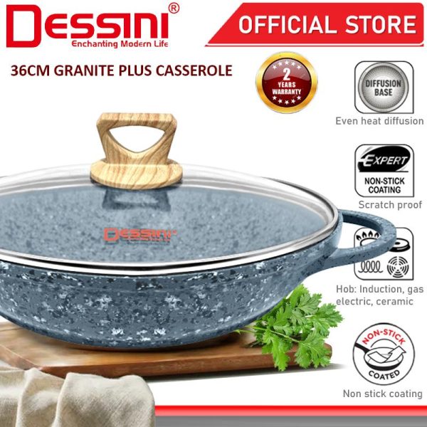 DESSINI ITALY 36CM Granite Plus Shallow Casserole Induction Non Stick Pot Bowl Wok Pan Cookware Tool with Cover Periuk