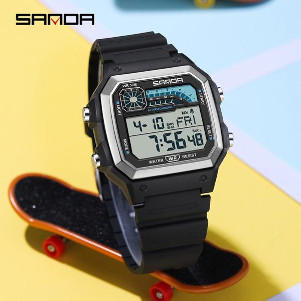 Jam Tangan Elektronik Sukan, AW24 SANDA 6196, Reka Bentuk Segi Empat Kecil Bergaya, Pelbagai fungsi, Kalis Air, Paparan Digital LED, Berkilau, Untuk Lelaki