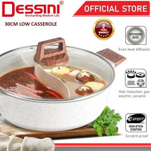 DESSINI ITALY 30CM Maifan Stone Casserole Induction Double Flavor Divider Hot Pot Steamboat Bowl Pan Cookware PERIUK