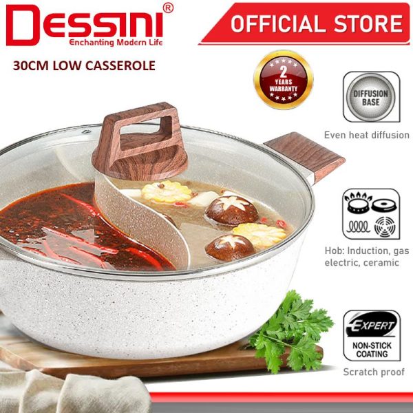 DESSINI ITALY 30CM Maifan Stone Casserole Induction Double Flavor Divider Hot Pot Steamboat Bowl Pan Cookware PERIUK