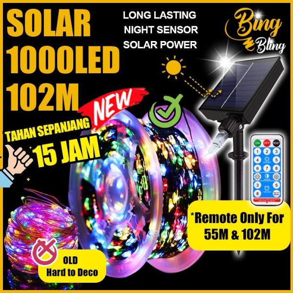 【Bing Bling】2025 V2 + Roller Viral Lampu Raya 8Modes【102 | 55 | 44 | 33 | 22 | 12M 】SOLAR LED Outdoor Waterproof Lampu Lip Lap Klip Kelip Kelip2 Warna Warni Fairy String Colour Light Lighting Taman Hiasan Decoration Garden Lights Power Purple