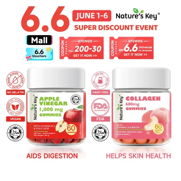 Nature's Key Set Kombo Baru Gummy Cuka Epal ACV, diperkaya pelbagai vitamin ekstrak herba semulajadi, 14 kombinasi untuk memenuhi keperluan harian pelbagai jenis pengguna