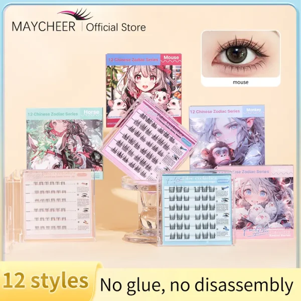 Bulu Mata Palsu MAYCHEER With Free Tweezers Self Adhesive Without Glue For Beginners, DIY Natural Style Waterproof False Eyelashes, 12 Animal Series Big Reusable Cosmetics Makeup