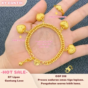 Rantai Tangan Lipan Gantung Love COP916 - Panjang: 18+2CM - Lebar: 0.6CM - Berat: 21G - Love:1.5CM - Gaya Harian - Aksesori Bersalut Emas - Tahan Lama - Hipoalergenik - XYcantik Bracelets Gelang