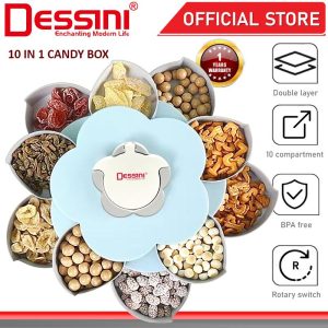 DESSINI ITALY Double Layer 10 IN 1 Rotatable Flower Candy Box Fruit Snack Cookie Storage Biscuit Dispenser Bekas Biskut