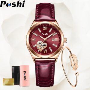 Jam tangan fesyen ringkas POSHI untuk wanita, Asal, tali kulit, dail kecil, jam tangan pergelangan tangan kuarza untuk wanita