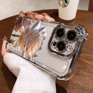 Sarung Telefon, Penyaduran Korea, Sarung Jelas HD Bunga Mewah, Sarung TPU Lembut, Sarung Telefon Bimbit Kalis Kejutan, Penutup Belakang Pelindung, Serasi dengan iPhone 11, 16, 15, 14, 13, 12, Pro, Xs Max, XR, X, 7, 8 Plus