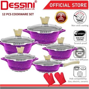 DESSINI ITALY JE-12-S Granite Aluminium Non Stick Casserole Pot Bowl Deep Fry Pan Cookware Tool (12 Pcs)
