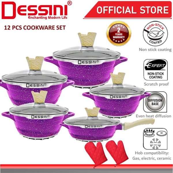 DESSINI ITALY JE-12-S Granite Aluminium Non Stick Casserole Pot Bowl Deep Fry Pan Cookware Tool (12 Pcs)