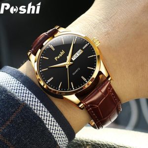 POSHI - Jam tangan Kuarza Lelaki, Asal, kasual, kalis air, dengan tali kulit, Tarikh Auto
