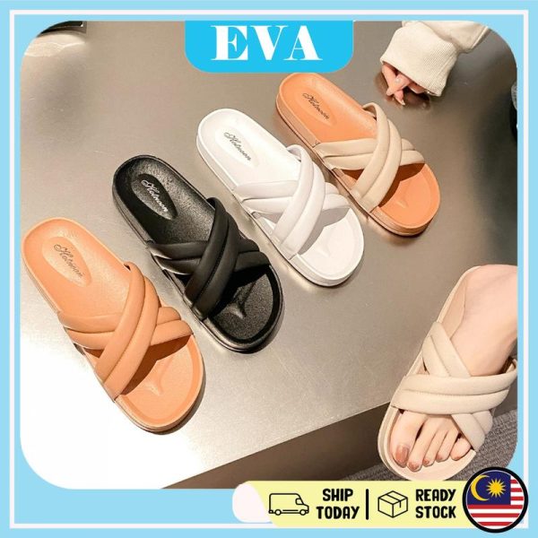 READY STOCK EVA Sandal Women's Puffy Cross Strap Kasut Slipper Lady Perempuan Wanita Casual