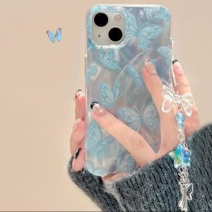 Sarung Telefon Rama-rama Biru, Gaya Ins, dengan Lanyard, Serasi dengan iPhone 11, 15, 14, 13, 12, Pro, Xs Max, XR, X, 7, 8 Plus, IMD Korea, Anti-cap jari, Bercahaya, Sarung Telefon Bimbit, Penutup Belakang Pelindung Kalis Kejutan
