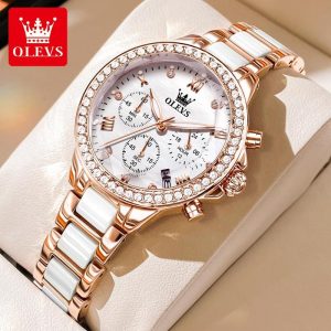 OLEVS Jam Tangan Wanita Perempuan dengan Kotak Kalis Air Waterproof Korea Style Tali Seramik Asli Watches for Women with Luxury Box 9999 Rotundity Bahan logam dalam stok Banyak warna Pejabat parti pemberian hadiah Garanti 1 tahun