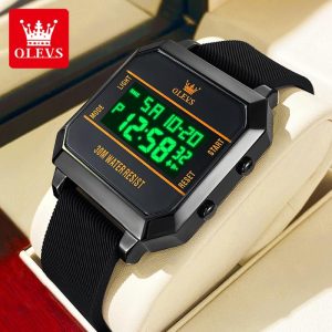 OLEVS Jam Tangan Elektronik untuk Lelaki dan Wanita Kalis Air Dail Digital Persegi Asli Fesyen Berkilau dengan Paparan Kalendar Kotak 1103 Watches persegi Material logam+kulit dalam stok Warna berbilang Pejabat parti pemberian hadiah Garanti 1 tahun