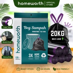 Homeworth 3X Thick Drawstring Garbage Bag Trash Bag Heavy Duty Leakproof Tear Resistant Beg Sampah Bertali