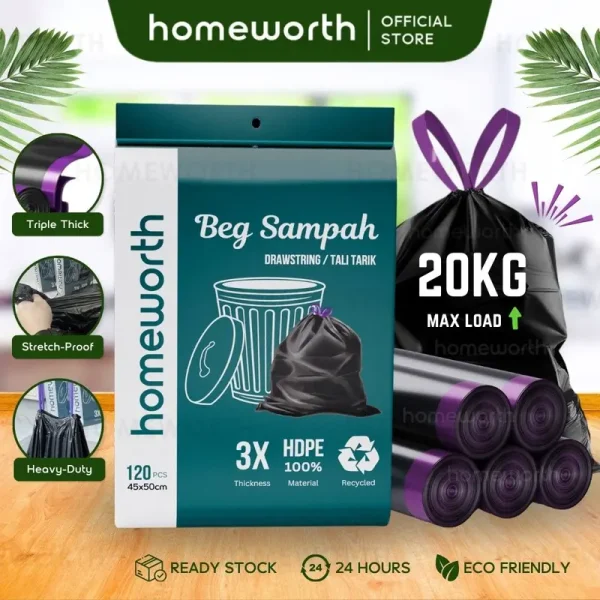 Homeworth 3X Thick Drawstring Garbage Bag Trash Bag Heavy Duty Leakproof Tear Resistant Beg Sampah Bertali