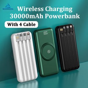 30000mAh Wireless Charger Power bank For iPhone Huawei mate30 LED Display With 4 Cables Portable Powerbank Battery Charging Digital Fast Charging