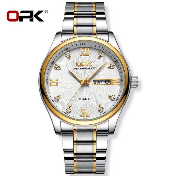 OPK Jam Analog Tangan Lelaki Kalis Air Pergerakan Kuarza Asal Gaya Perniagaan Tulen Keluli Tahan Karat Anti Karat Dengan Kalendar Berkilau Warna Emas Watches G8103 Rotundity Bahan logam dalam stok Warna berbilang Ada kotak Ada alat Pejabat parti pemberian