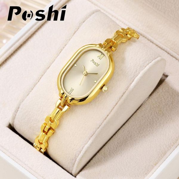 Jam Tangan POSHI, Asli Baru, Untuk Wanita, Gaya Korea, Fesyen Elegan, Dail Bujur, Fesyen, Jam Tangan Wanita Kasual, Jam Tangan Kuarza Kalis Air, dengan Kotak, Fesyen