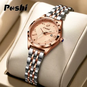 Jam Tangan Fesyen Mewah Wanita, 100% ASLI POSHI, Kalis Air 30M, Jam Tangan, Kalendar Auto, Tali Keluli Tahan Karat, Pergerakan Kuarza, Untuk Wanita, Didatangkan dengan Pengawal Kotak Percuma