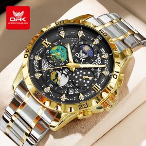 OPK Jam Tangan Lelaki Kalis Air Pergerakan Kuarza Asal Paparan Berkilau dengan Tarikh dan Chronograph Gaya Perniagaan Warna Emas dan Hitam Jam Tangan 8175 Pelbagai Fungsi Diperbuat daripada Bahan Logam Berkilau Waranti 1 Tahun Dalam Stok Watches