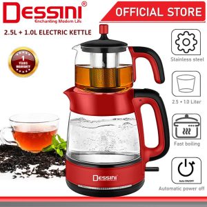 DESSINI ITALY 2.5L + 1.0L Glass Stainless Steel Electric Kettle Automatic Cut Off Boiler Jug Teapot / Cerek