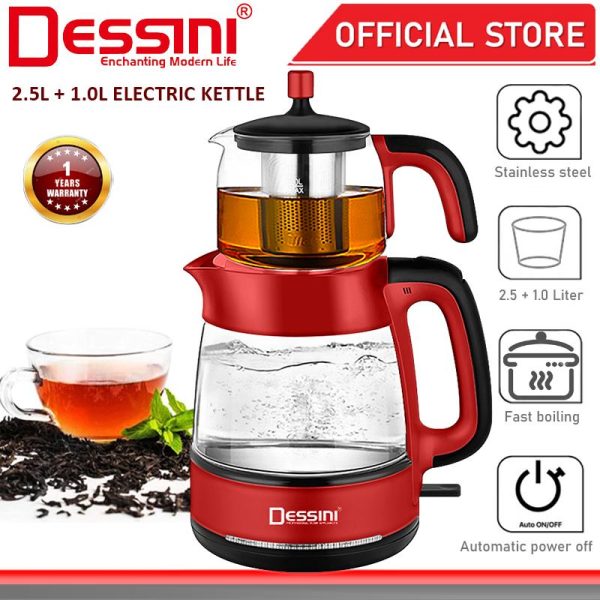 DESSINI ITALY 2.5L + 1.0L Glass Stainless Steel Electric Kettle Automatic Cut Off Boiler Jug Teapot / Cerek